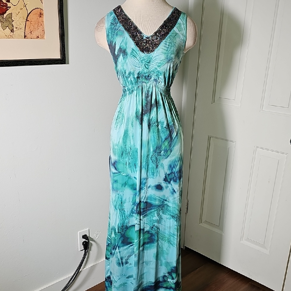 Elegant Teal Maxi Dress with BeadedTrim. Tye Dye Fabric. Size Small. Style & Co.